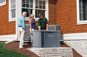 Couple looking at home generator with Wallace tech